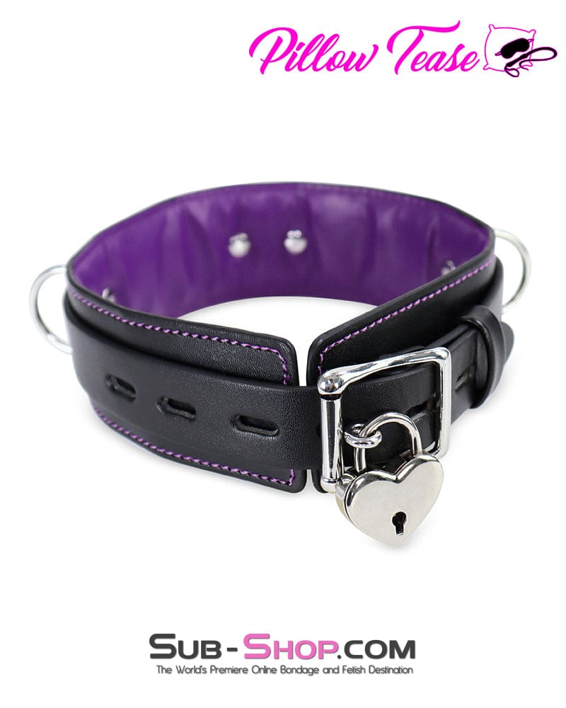2669DL Black 3 Ring Bondage Collar with Purple French Stitching - Image 2