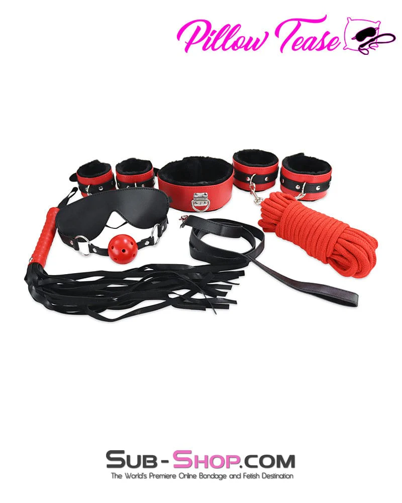2334M Black and Red Bondage Cuffs, Collar, Leash, Gag, Rope, Whip and Blindfold Kit - 10 Pcs