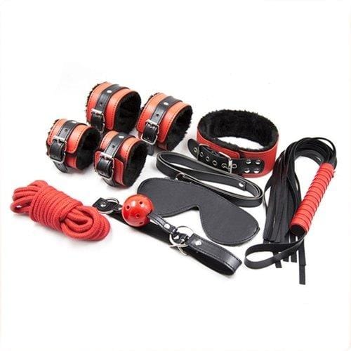 2334M Black and Red Bondage Cuffs, Collar, Leash, Gag, Rope, Whip and Blindfold Kit - 10 Pcs - Image 4