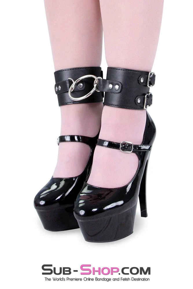 9011M Black Double Buckle Ankle Cuffs with O-Ring Connection - Image 2
