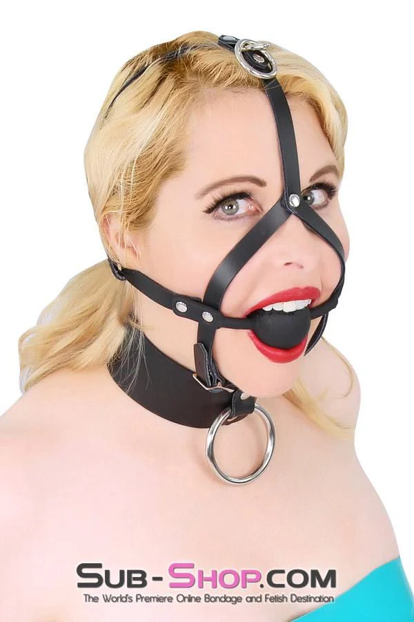 6796A      Black Silicone Ball Gag Leather Trainer with Top Strap Hardware - Image 7