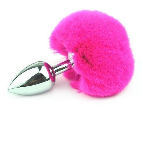 9834M Bunny Hop Pink Powder Puff Tail with Small Chrome Butt Plug