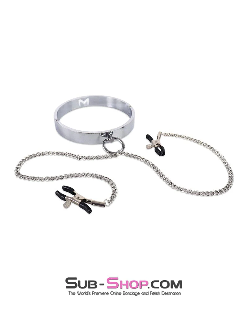 2502DL Chrome Steel Bondage Collar with Adjustable Nipple Clamps