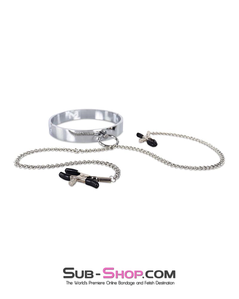 2502DL Chrome Steel Bondage Collar with Adjustable Nipple Clamps - Image 2