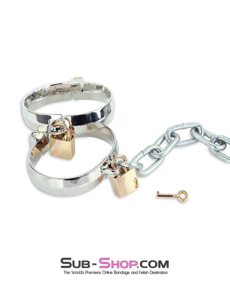 1848M Chromed Steel Ankle Dungeon Irons with Chain and Padlocks Set - Image 6