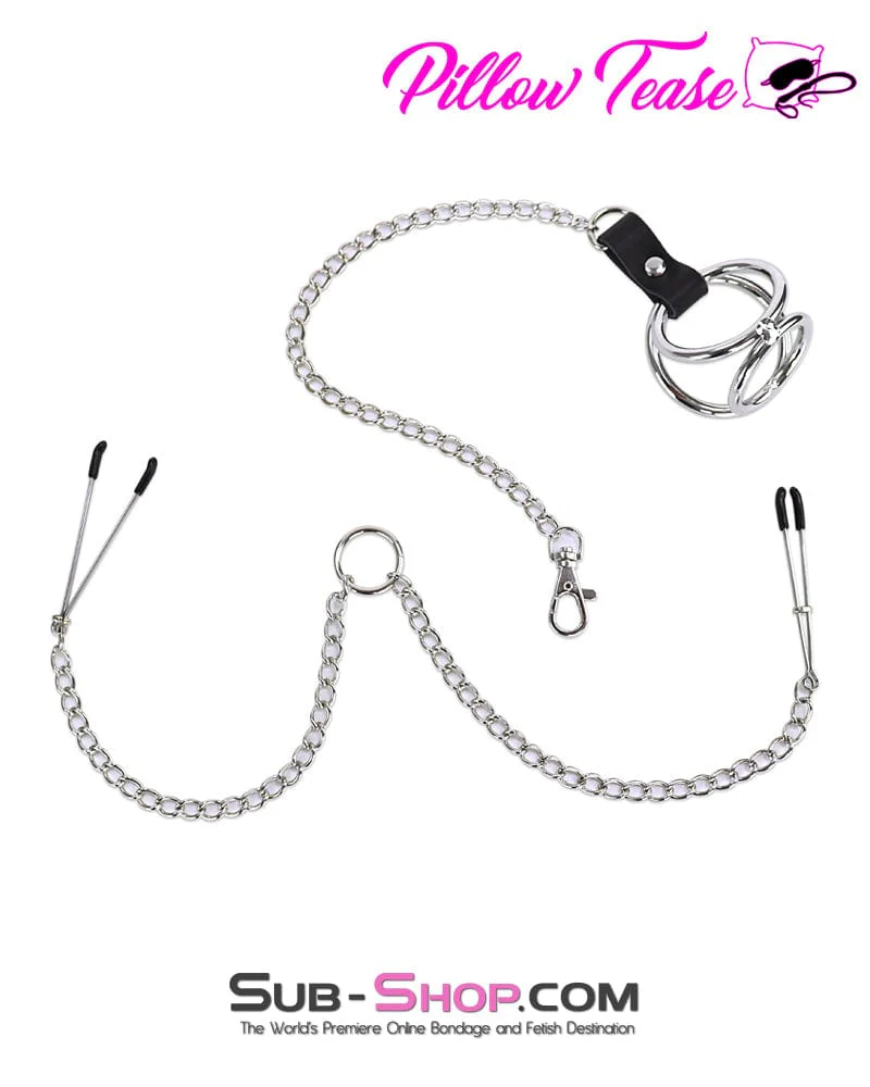 1758AR Cock and Balls Ring With Connected Tweezer Nipple Clamps - Image 4
