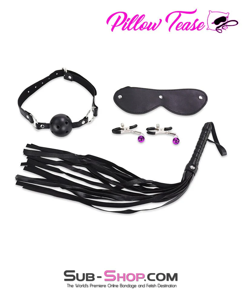 9920DL Collar, Blindfold, Gag, Hogtie Strap, Wrist, Ankle Cuffs and Nipple Clamps Bondage Set - Image 5