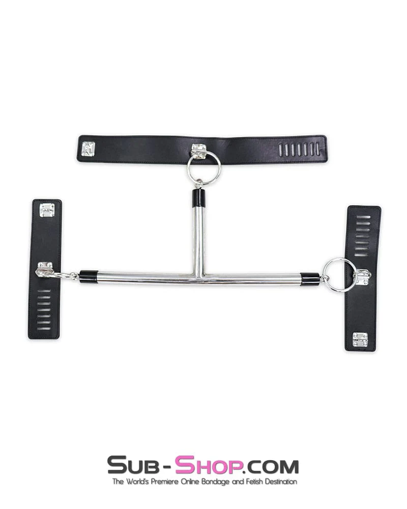 9083DL Collar to Wrist Metal Bondage T-Bar with Locking Collar and Wrist Cuffs - Image 4