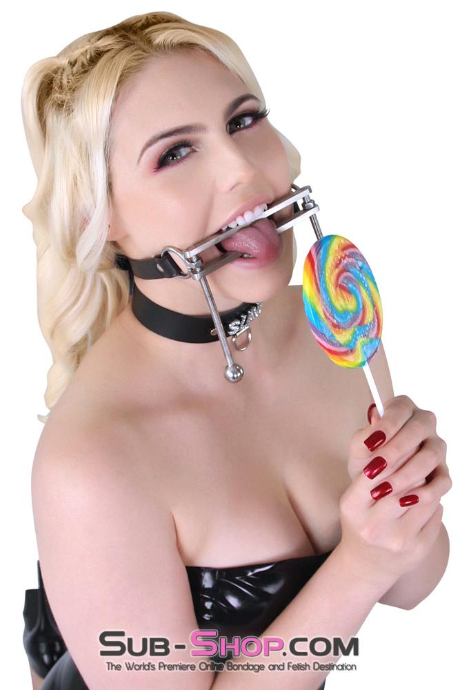 1323M-SIS      Dungeon Mistress Sissy Boi Bondage Tongue Flail Stainless Steel Locking Open Mouth Tongue Trap Gag - Image 11