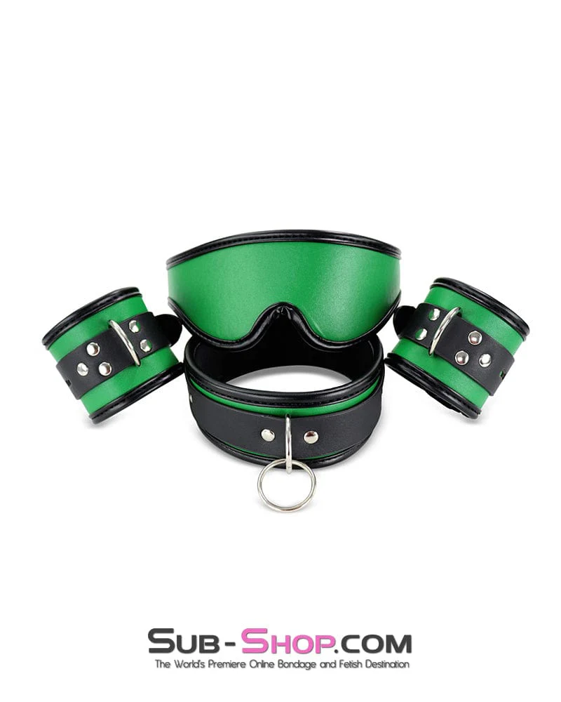 9999DL Emerald Green Bondage Collar, Wrist Cuffs and Blindfold Set