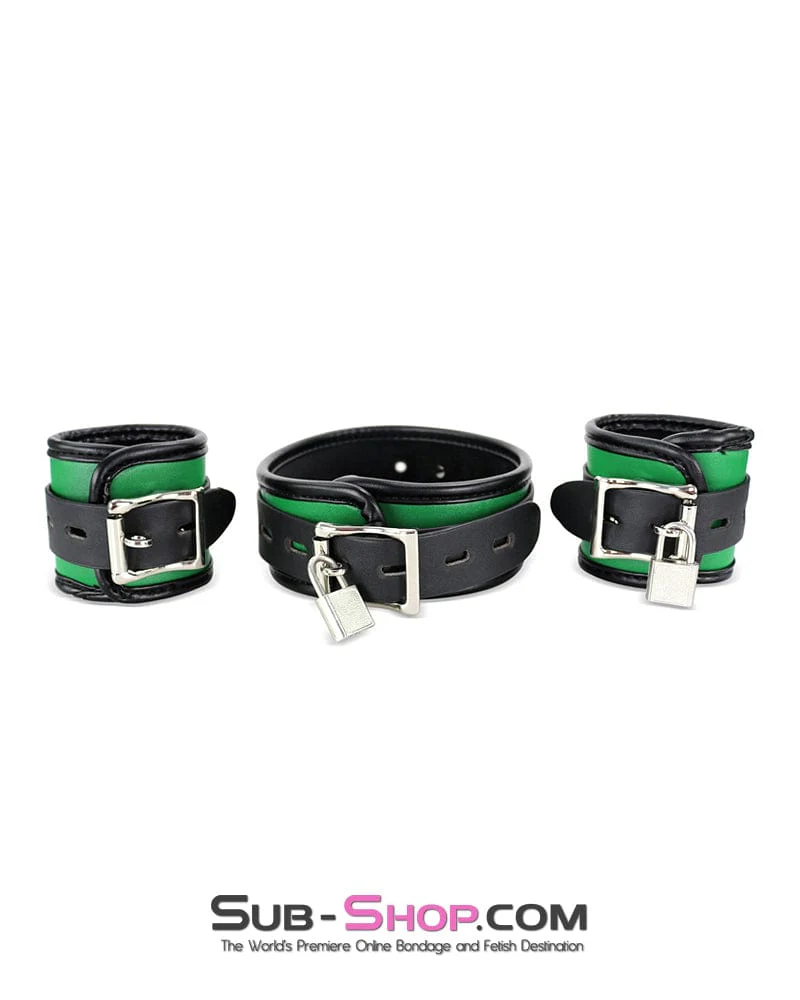 9999DL Emerald Green Bondage Collar, Wrist Cuffs and Blindfold Set - Image 3