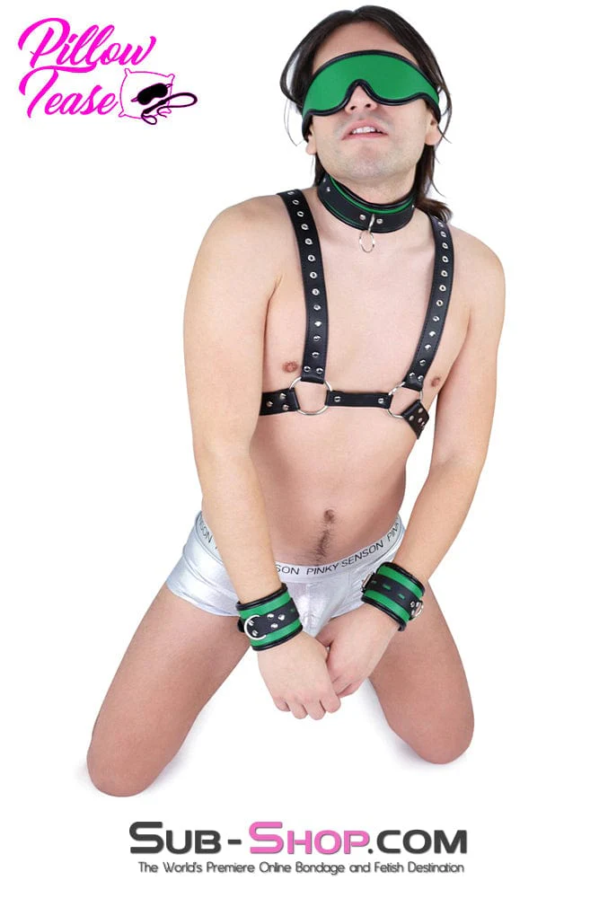 9999DL Emerald Green Bondage Collar, Wrist Cuffs and Blindfold Set - Image 7