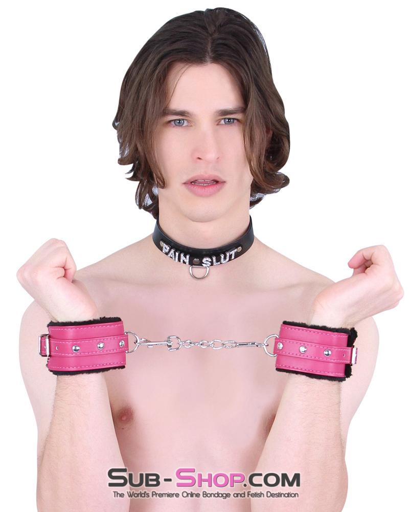 9048DL-SIS Fur Lined Sex Bomb Pink Wrist Sissy Slut Bondage Cuffs and Chain Set - Image 18