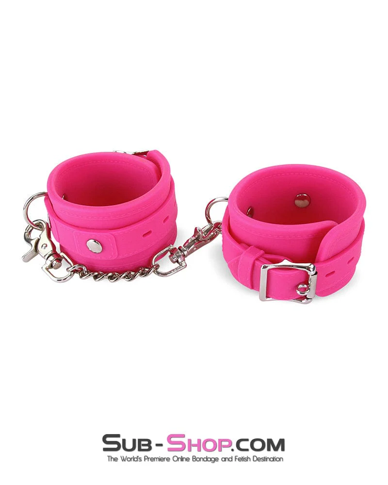 3779M      Locking Hot Pink Heavy Silicone Wrist Bondage Cuffs - Image 11