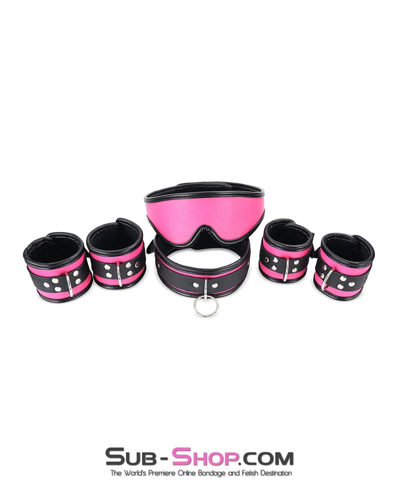 9995DL Hot Pink 6 Piece Bondage Collar, Wrist Cuffs, Ankle Cuffs and Blindfold Set - Image 2