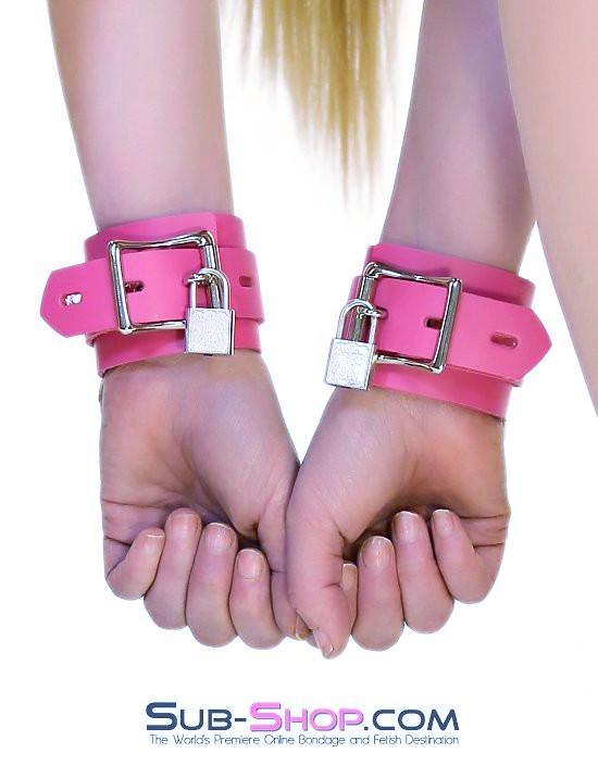 5733A Kept Woman Locking Hot Pink Leather Bondage Wrist Cuffs - Image 5