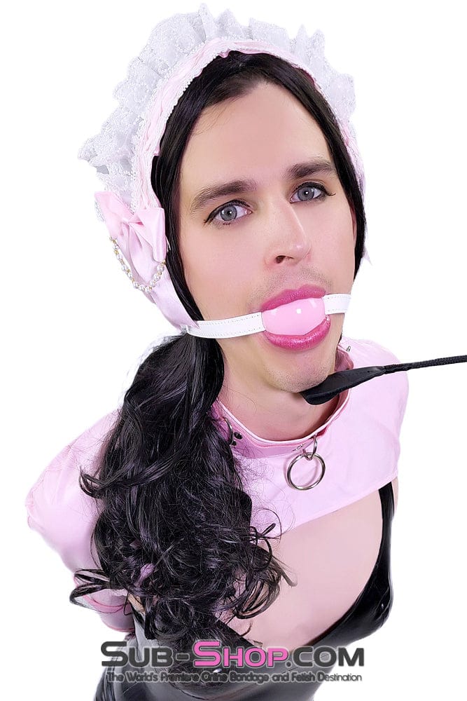 0445DL-SIS Pink Pretty Sissy Slave Rubber Ballgag on BDSM Mistress White Strap - Image 10