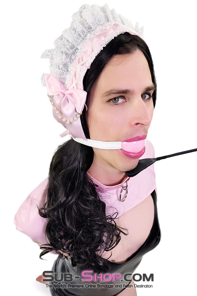 0445DL-SIS Pink Pretty Sissy Slave Rubber Ballgag on BDSM Mistress White Strap - Image 8