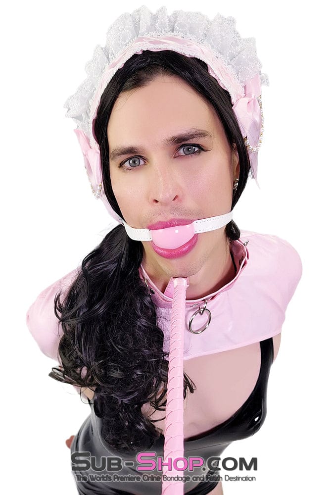 0445DL-SIS Pink Pretty Sissy Slave Rubber Ballgag on BDSM Mistress White Strap - Image 9