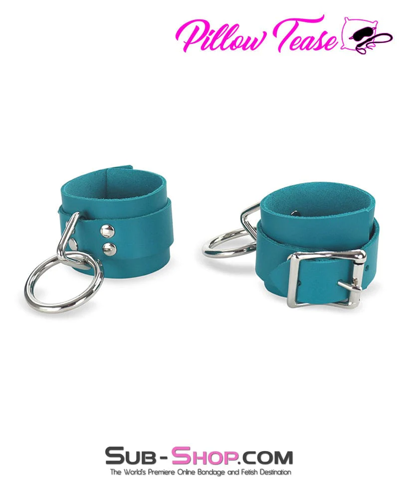 0219A Leather Bondage Wrist Cuffs, Ocean Blue Color - Image 4