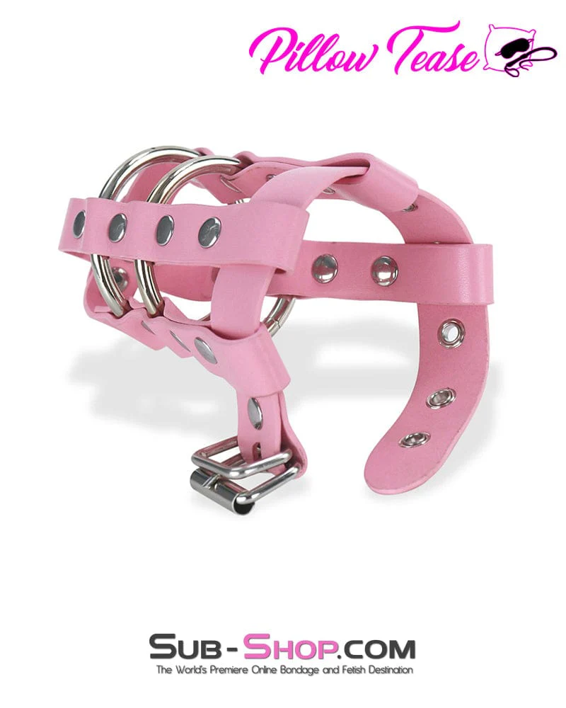 0319DL      Light Pink Locking Leather Cock & Balls Cage with Lead Ring Tip - Image 3