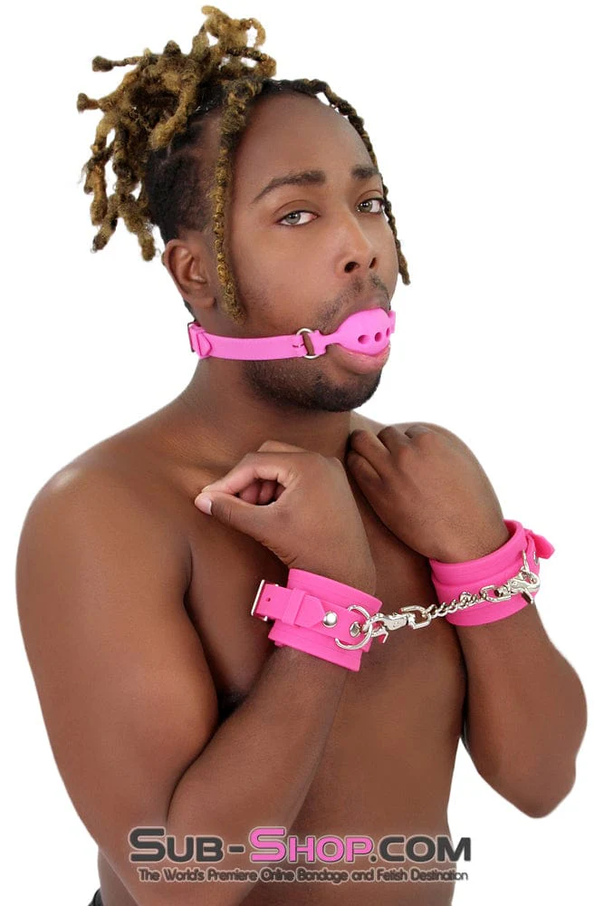 3779M-SIS      Locked Up Sissy Hot Pink Heavy Silicone Wrist Bondage Cuffs - Image 14