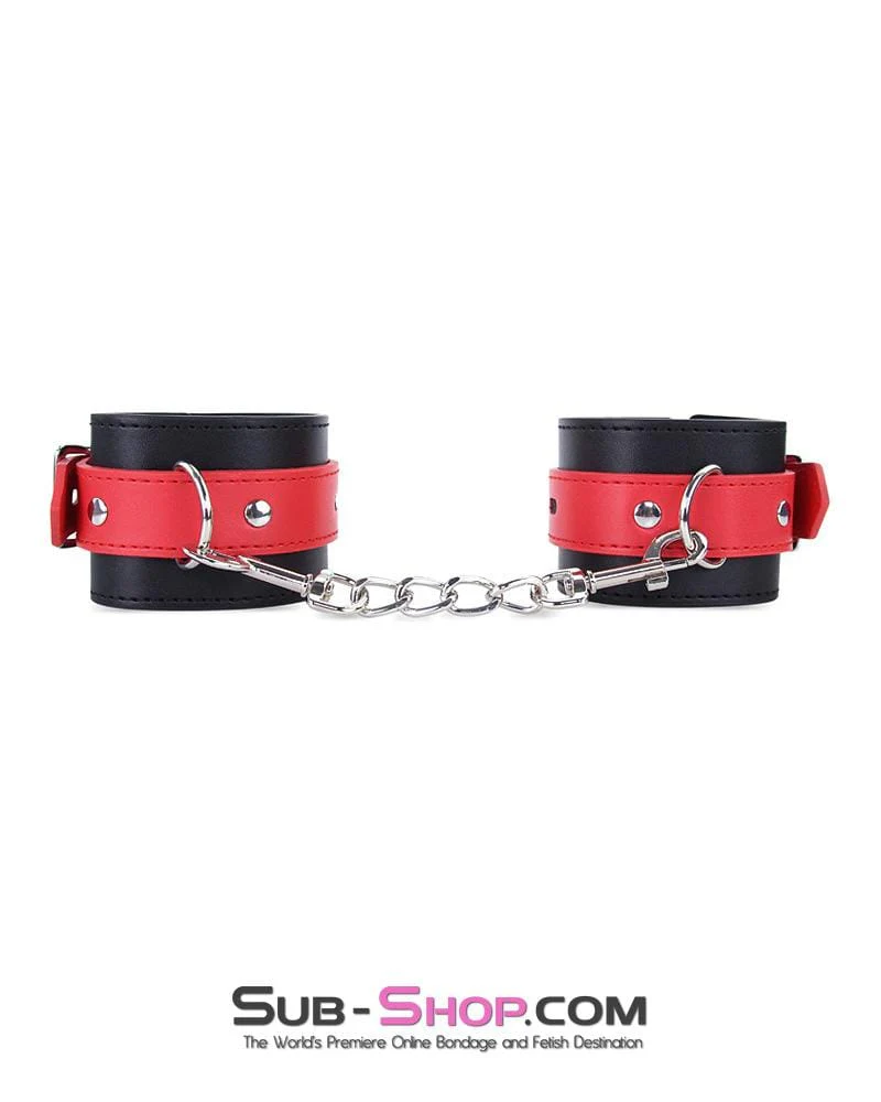 9029MQ Locking Black Ankle Bondage Cuffs with Red Strap & Connection Chain 🔥 FINAL CLEARANCE – Last Chance! - Image 2
