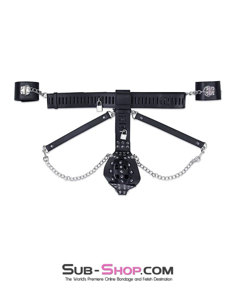 7215M-SIS      Locking Male Sissy Chastity Cage Belt with Chained Locking Wrist Cuffs