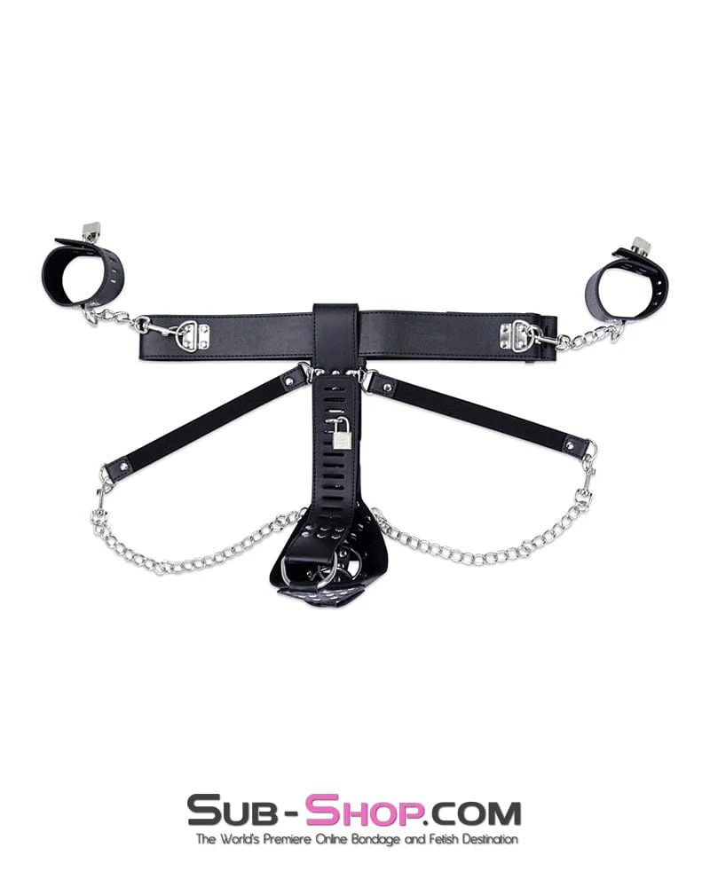 7215M-SIS      Locking Male Sissy Chastity Cage Belt with Chained Locking Wrist Cuffs - Image 2