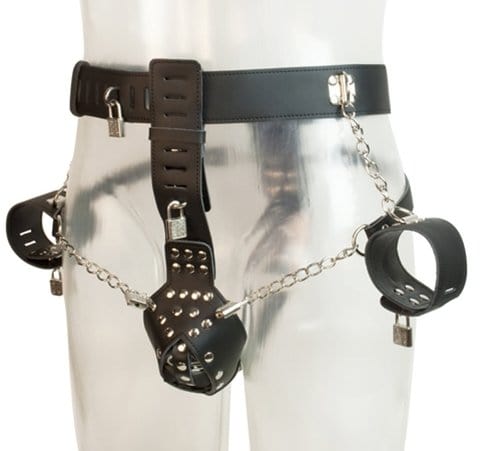 7215M-SIS      Locking Male Sissy Chastity Cage Belt with Chained Locking Wrist Cuffs - Image 4