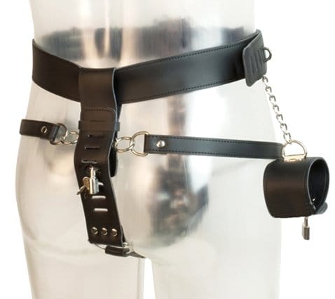 7215M-SIS      Locking Male Sissy Chastity Cage Belt with Chained Locking Wrist Cuffs - Image 5