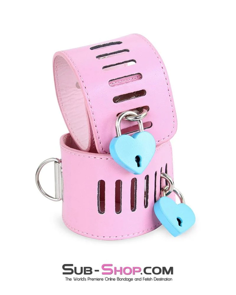 7899M-SIS Locking Sissy Princess Pink Vegan Leather Handcuffs & Chain Set - Image 3