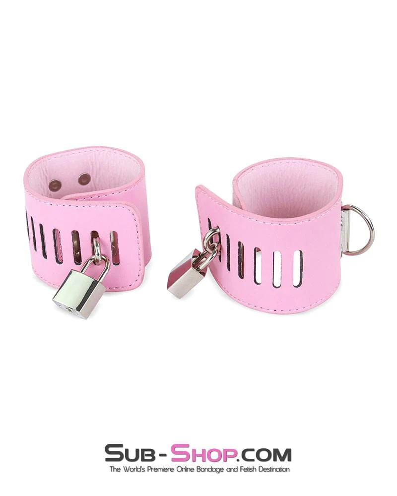 7899M-SIS Locking Sissy Princess Pink Vegan Leather Handcuffs & Chain Set - Image 5