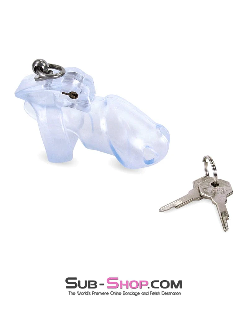 3767M Long Clear Locking Cock Cage Chastity with Lead Ring with Small Cock Cuff - Image 7