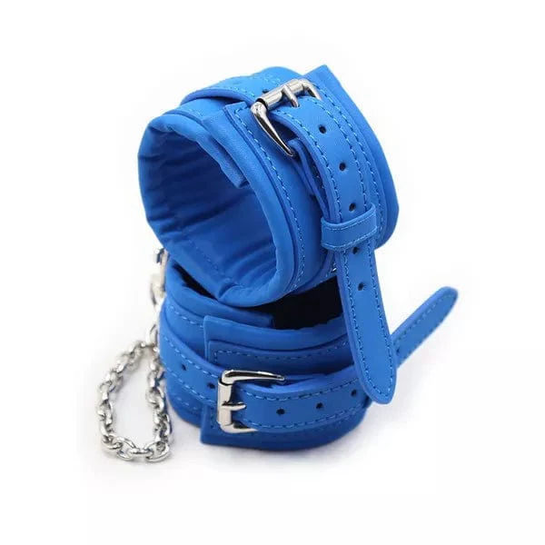 2482DL      Padded Faux Leather Tantric Blue Wrist Bondage Cuffs - Image 4