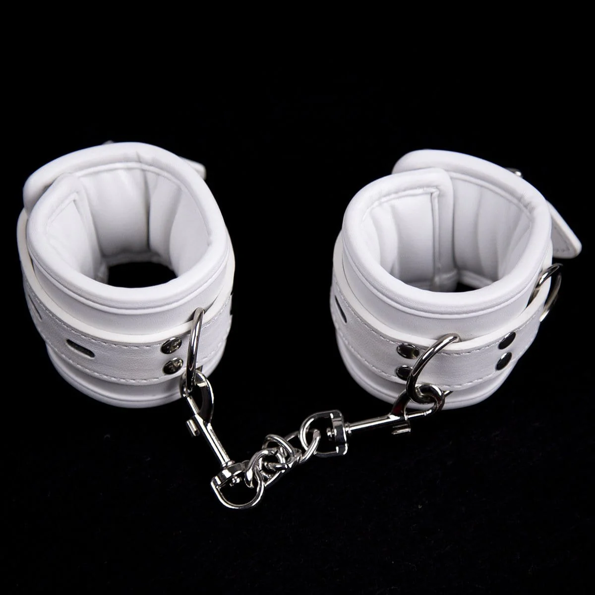 2465MQ Padded Locking White Bondage Wrist Cuffs with Hardware Connection Chain - Image 2