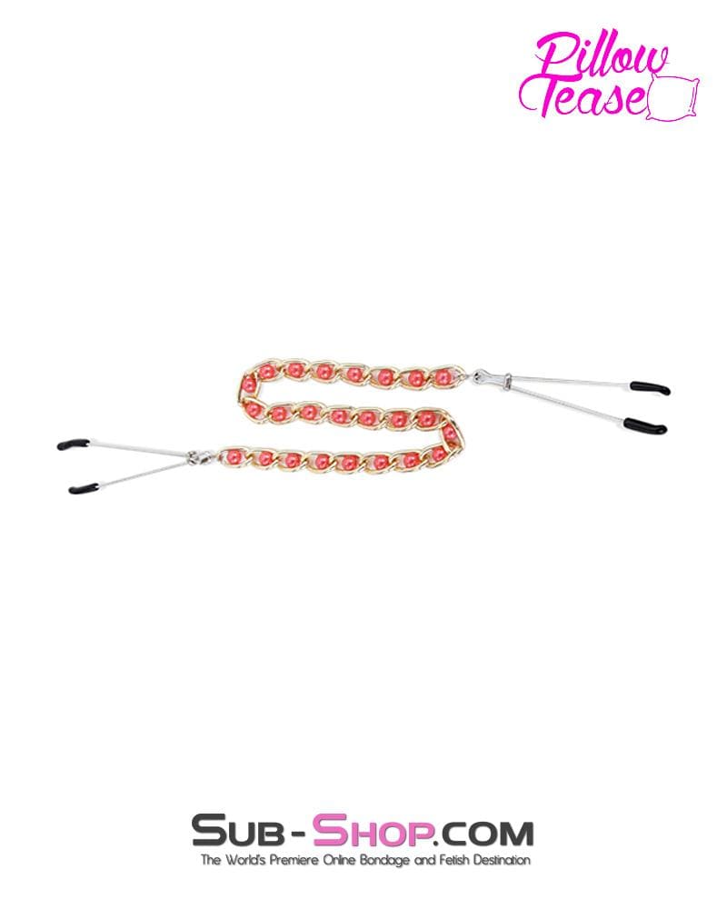 1488RS-CB      Pink Beaded Gold Standard Beaded Jewel Tweezer Cock and Ball Clamps - Image 3