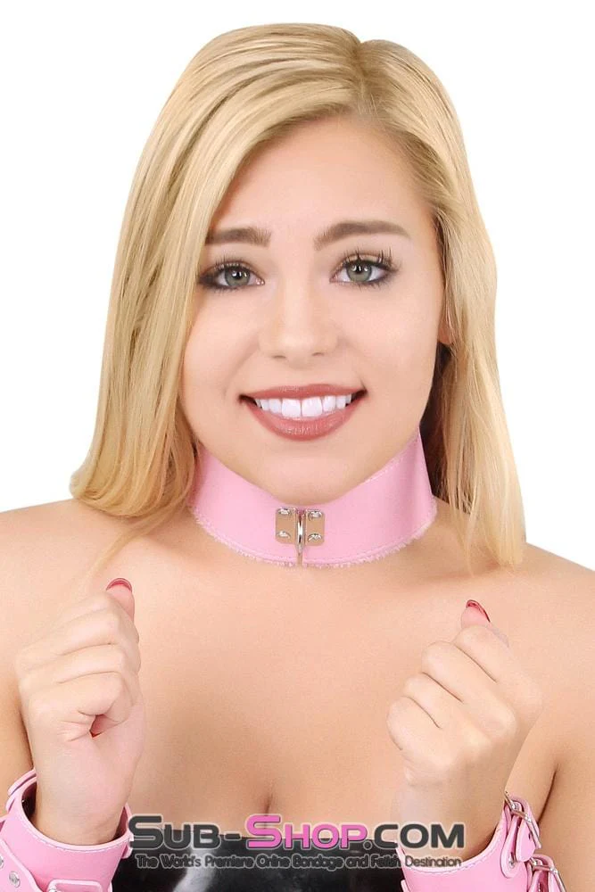 0536LT Pink Furry Bondage Slave Collar & Leash Set - Image 14