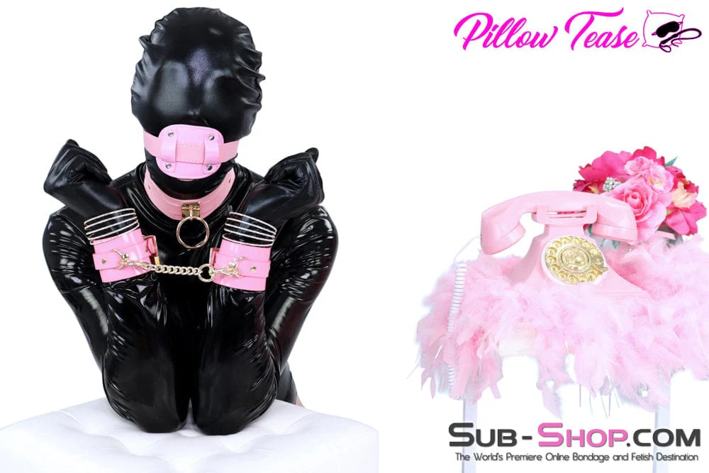 0986DL Pink Patent Leather Bondage Cuffs with Gold Hardware - Image 14