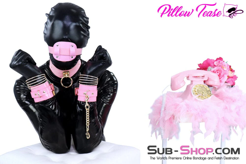 0986DL Pink Patent Leather Bondage Cuffs with Gold Hardware - Image 15