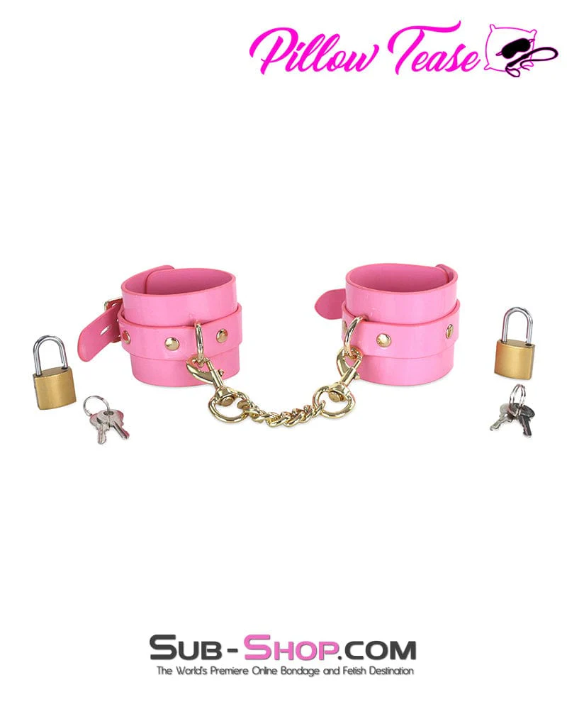 0986DL Pink Patent Leather Bondage Cuffs with Gold Hardware - Image 2