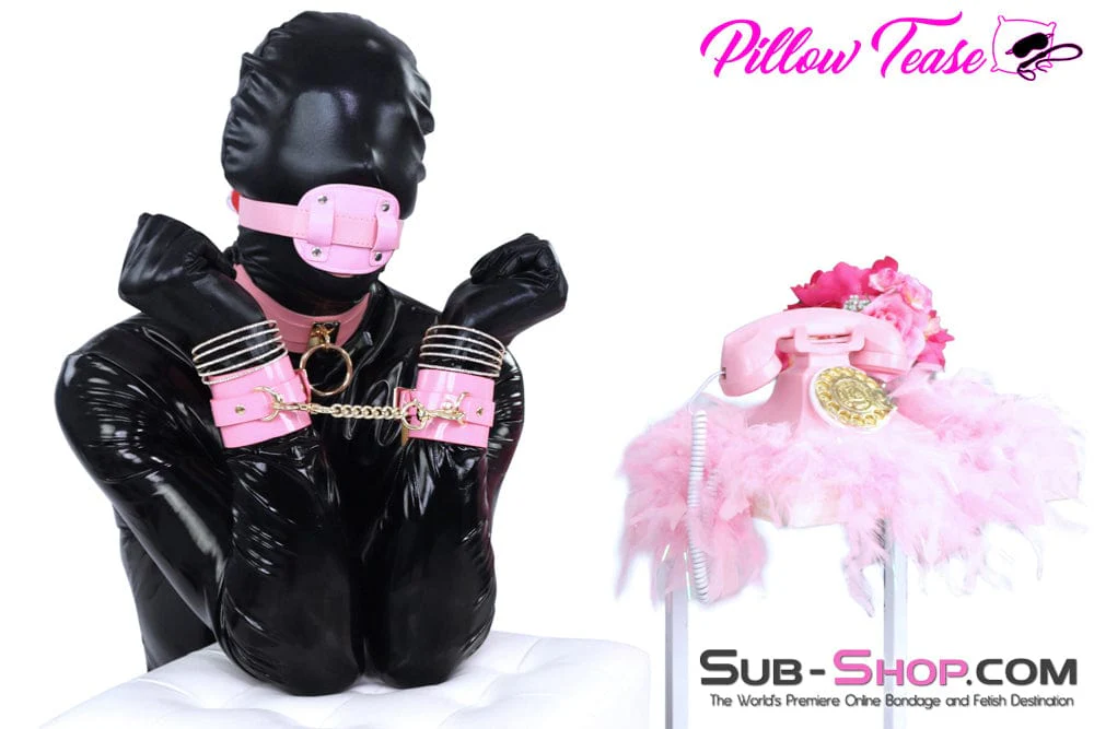 0986DL-SIS      Pink Patent Leather Sissy Bondage Cuffs with Gold Hardware