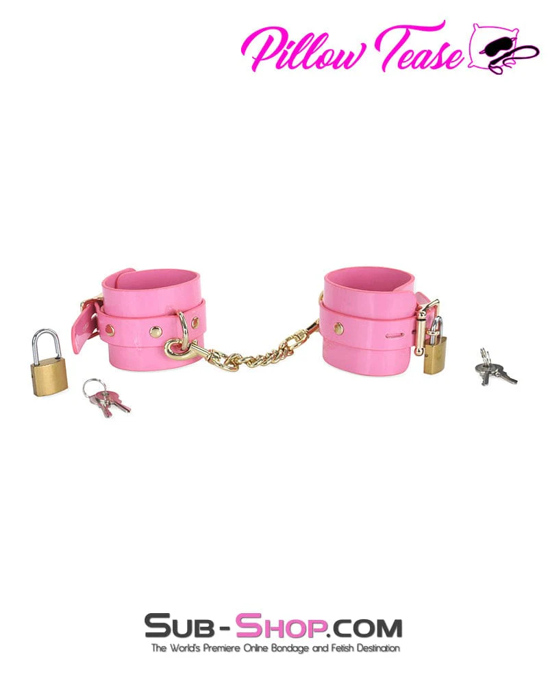 0986DL-SIS      Pink Patent Leather Sissy Bondage Cuffs with Gold Hardware - Image 7