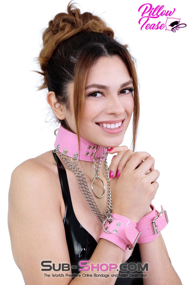0616DL      Pink Patent Vegan Leather Bondage Cuffs - Image 4