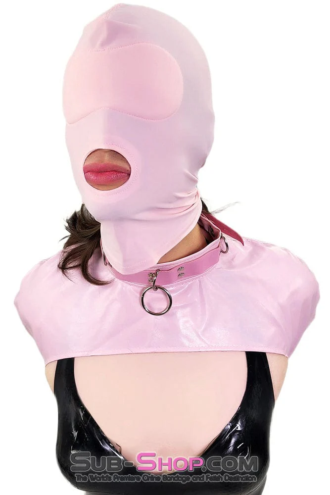 1145DL-SIS Pink Sissy Spandex Open Mouth Hood with Sewn In Blindfold
