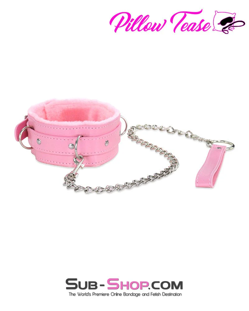 1582DL-SIS Plush Pink Fur Lined Sissy Boi Bondage Collar and Dungeon Mistress Leash - Image 2