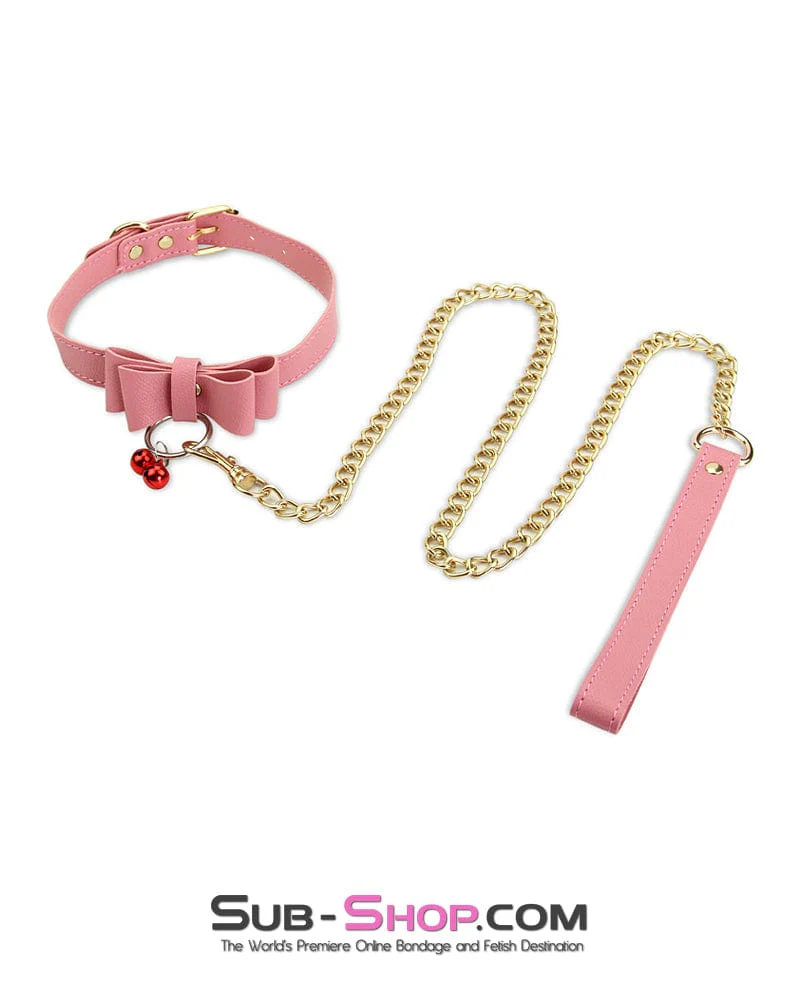 7337M      Precious Pet Bow Bondage Slave Collar with Bell and Gold Chain Leash - Image 4