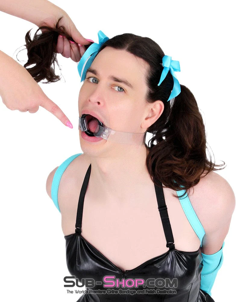 1495A-SIS Pretty Forced Feminization Sissy Wench Clearly Wide Open Luxe Clear PVC Wide Strap Plastic Ring Gag