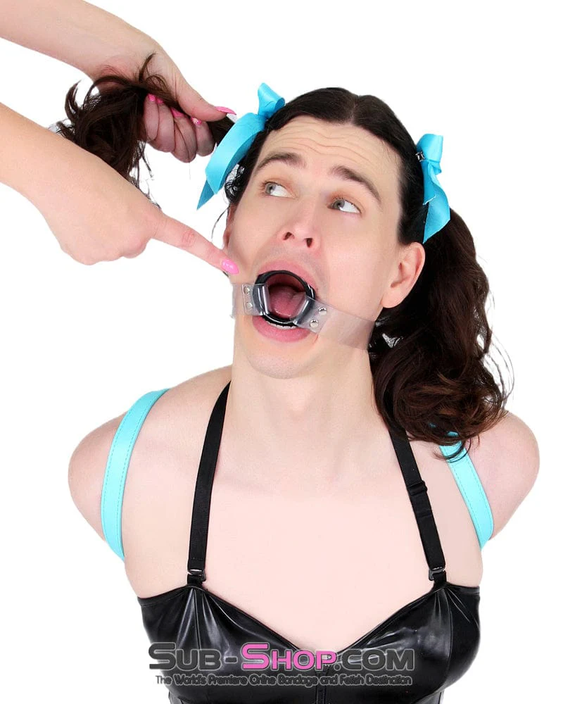 1495A-SIS Pretty Forced Feminization Sissy Wench Clearly Wide Open Luxe Clear PVC Wide Strap Plastic Ring Gag - Image 2