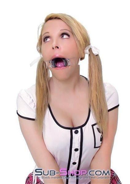 1495A-SIS Pretty Forced Feminization Sissy Wench Clearly Wide Open Luxe Clear PVC Wide Strap Plastic Ring Gag - Image 23